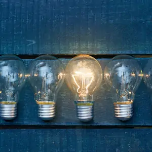 An image of light bulbs with one illuminated